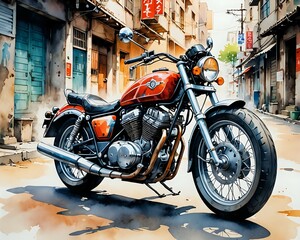 motor bike abstract watercolor, old fashion motorcycle