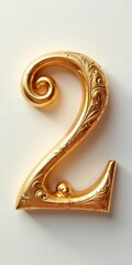 3D text '2' in a gold style with ornate swirls isolated on a white background
