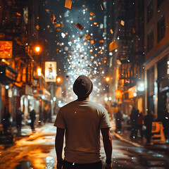 Fit Guy Watching Ball Drop on New Year's Eve in Winter - Empty Street Celebration