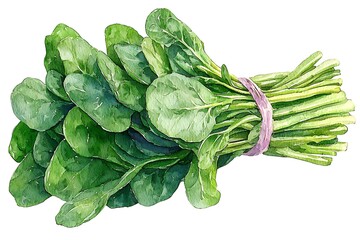Watercolor painting of a bunch of fresh spinach tied with a rubber band, isolated on a white background.