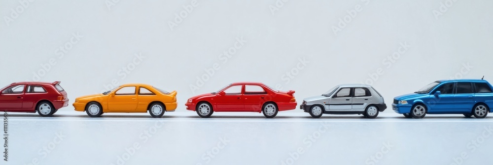 Poster Various miniature car models are arranged neatly on a white surface, providing ample blank space for custom text or graphics. Generative AI