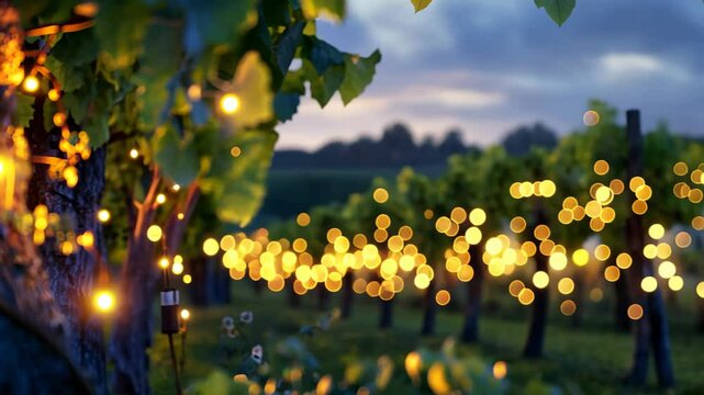 Enchanted Vineyard at Twilight: Fairy Lights Gleam Amongst the Vines