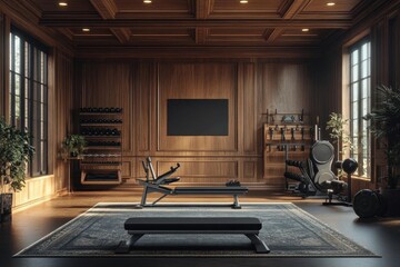 Fototapeta premium Modern Home Gym Design with Wood Paneling and Exercise Equipment
