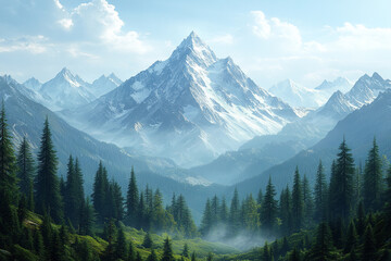 Fototapeta premium Majestic snowcapped mountain peak overlooking a verdant pine forest