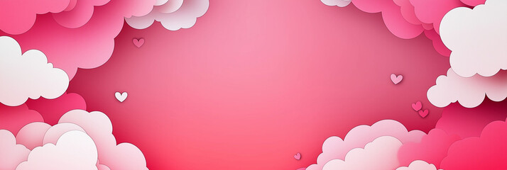 Horizontal banner with pink sky and paper clouds. Space for text. Frame with pink clouds and hearts in pastel colors