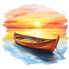 Fototapeta premium Serene Sunset A Wooden Rowboat at Peaceful Waters.