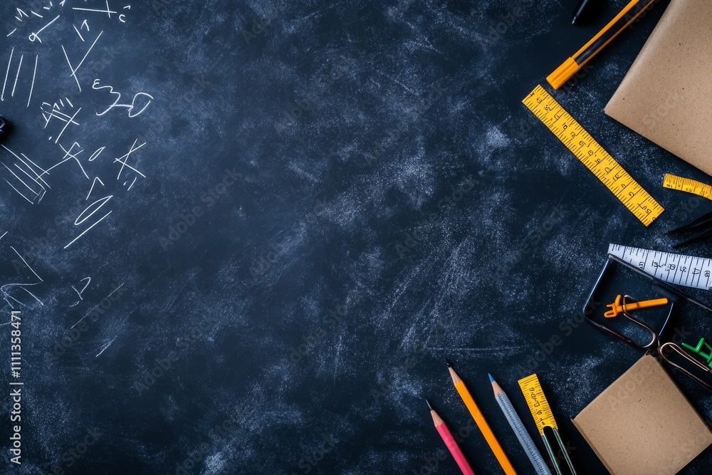 Poster workspace with various stationery and drawing tools arranged neatly. back to school concept.
