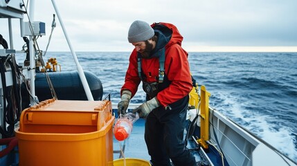 Fototapeta premium A marine biologist on a research vessel collecting ocean samples with scientific equipment and a vast seascape in the background, Marine research vessel scene, Scientific exploration style