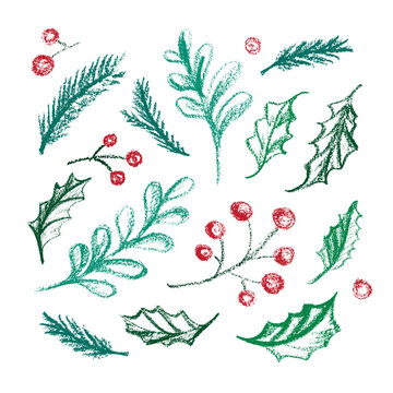 A Festive Christmas Holiday Leaves and Berries crayon texture art style decorative elements that brings color and charm to the season