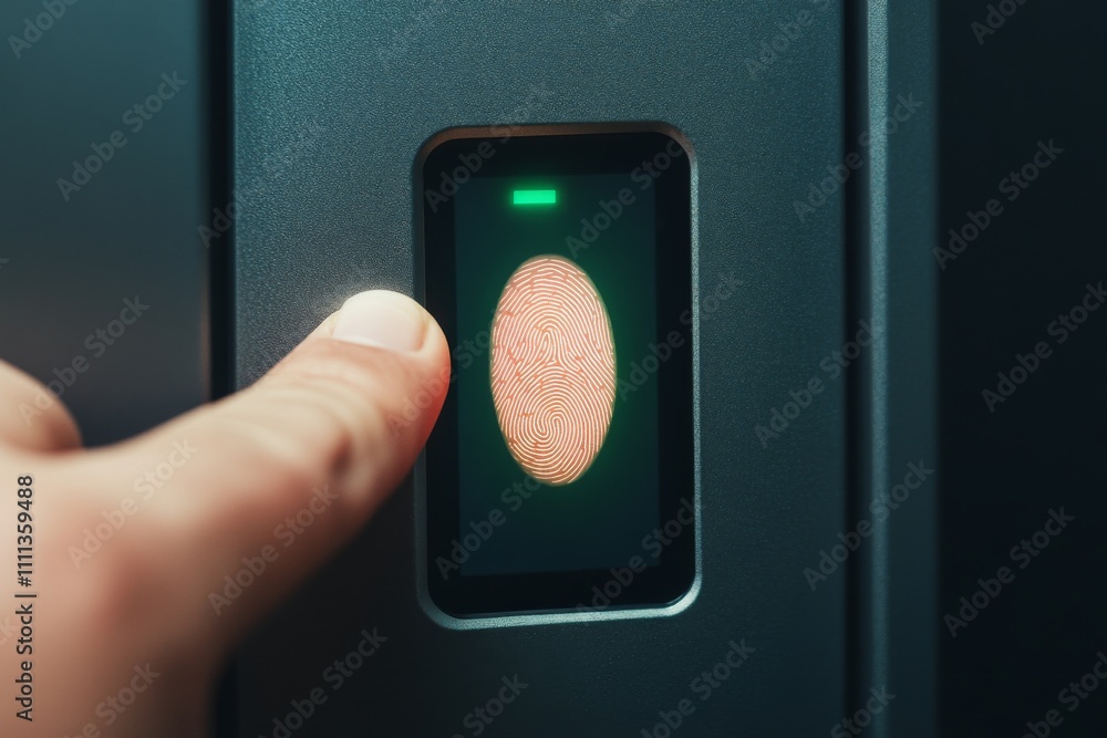 Poster fingerprint scanner in use for security access.