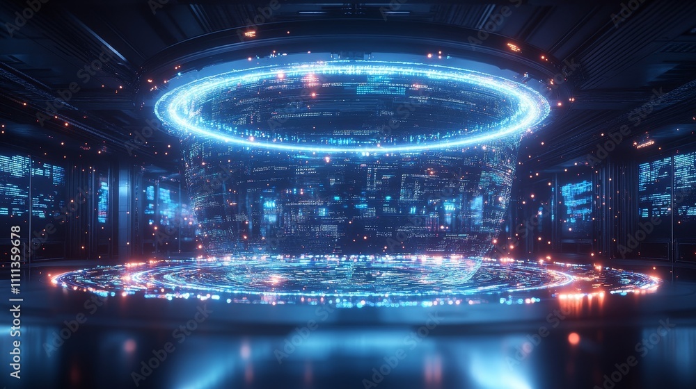 Poster a large holographic ring in space displays economic data, stock charts, and data science metrics wit
