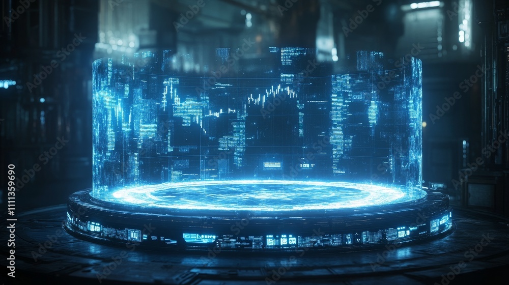 Poster a large holographic ring in space displays economic data, stock charts, and data science metrics wit