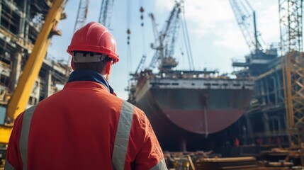 A marine engineer overseeing the construction of a ship in a busy shipyard, with cranes and ship parts in the background, Shipyard scene