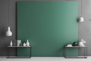 Blank green banner mockup on metal stand, against a plain gray background. For presentations, advertisements, or promotional content, allowing for easy customization with text, graphics, or logos