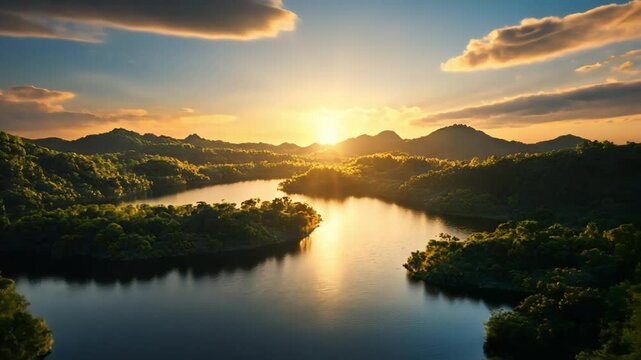 Golden sunset over a winding river through lush green jungle landscape.