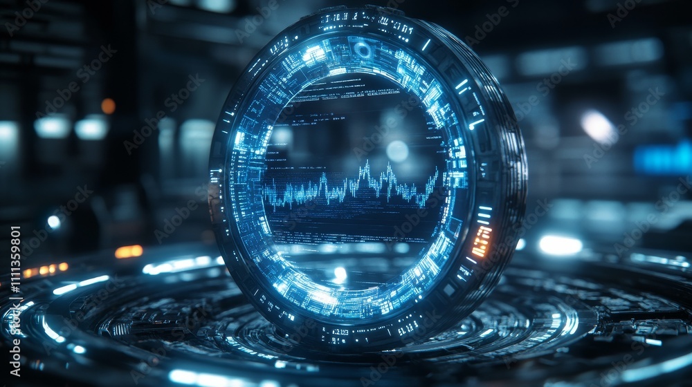 Poster a large holographic ring in space displays economic data, stock charts, and data science metrics wit