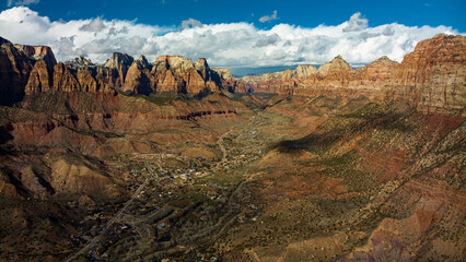 MARCH 2023, ZION NATIONAL PARK, SPRINGDALE, UTAH - USA - aerial drone view of Zion National park, Springdale, Utah