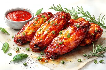 Watercolor Painting of Delicious Glazed Chicken Wings with Dipping Sauce and Herbs.