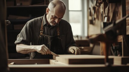 A master carpenter crafting custom furniture in a woodworking workshop, with woodworking tools and premium wood materials, Woodworking craftsmanship scene