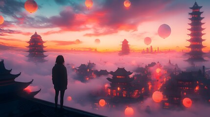 Fototapeta premium Silhouette of a girl at dawn with lanterns hovering over a mystical cityscape.