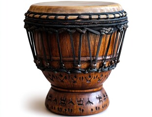 Handcrafted wooden drum with intricate carvings and leather head, isolated on white.