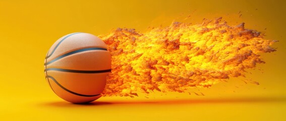 Fototapeta premium A basketball launching with fiery energy against a vibrant background.