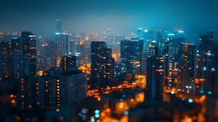 Obraz premium A stunning night view of a vibrant city skyline with glowing buildings.