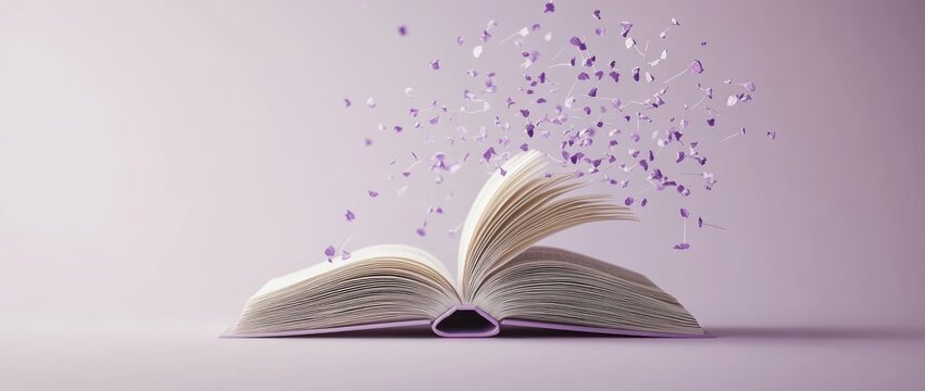 An open book with floating purple petals, symbolizing creativity and imagination.