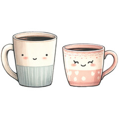 Whimsical illustration of two cute mugs, perfect for cozy or playful themes.