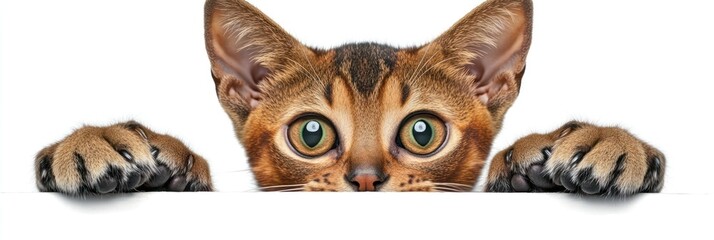 Fototapeta premium A curious cat peeking over a surface with wide eyes and paws visible.