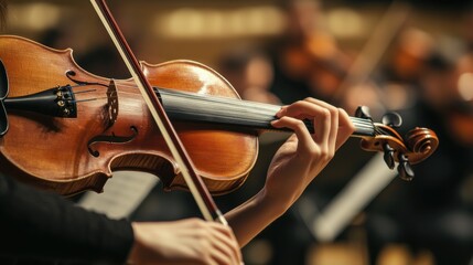 A musician playing a violin in a concert hall, with a backdrop of an orchestra and music stands,...