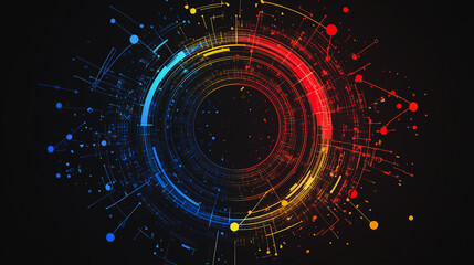 Fototapeta premium Abstract black background with Colorful circle lines. Digital future technology . Abstract business connection of lines from nodes innovation of communication in the network.