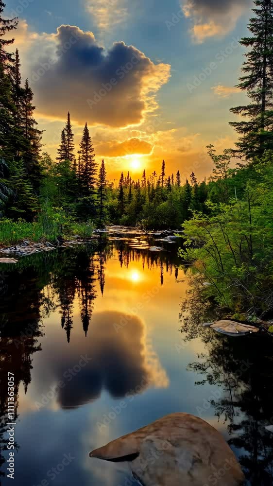 Poster sunset reflects on calm river surrounded by trees in serene forest setting