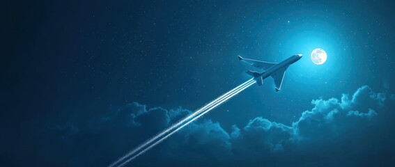 Obraz premium An airplane flying towards a bright moon in a starry night sky.