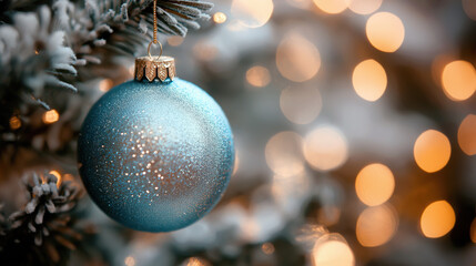 Elegant Icy Blue Christmas Baubles on Bokeh Background