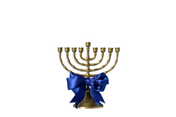 Happy Hanukkah, golden Jewish Hanukkiah candlestick with blue bow, created with Generative AI technology, PNG