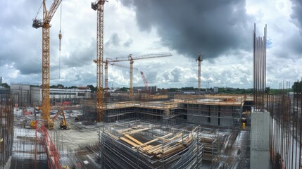 A panoramic view of a busy construction site with cranes and scaffolding against a cloudy sky, Construction site scene, Industrial progress style
