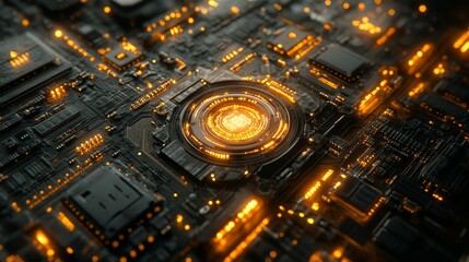 Close-up of a high-tech circuit board with glowing microchips and intricate gold wiring, set against a dark, high-contrast background, showcasing precision, modern technology, and innovation.