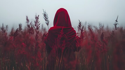 Woman in red hooded cloak standing in a field of tall red grasses on a foggy day.