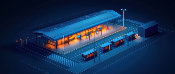 A stylized bus station illuminated at night with waiting areas and transport vehicles.