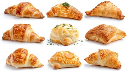 Assorted golden-brown croissants with sesame seeds and cheese, flaky buttery layers, isolated on white, bakery selection, gourmet pastry, minimalistic design, perfect breakfast snack


