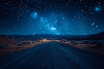 Starry Night Sky Over Desolate Desert Road
