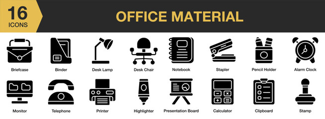 Office Material solid icon set. Includes pen, desk, equipment, supplies, document, and More. Solid icons vector collection.