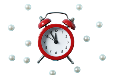 Happy New Year, red clock showing at five minutes to midnight, created with Generative AI technology, PNG