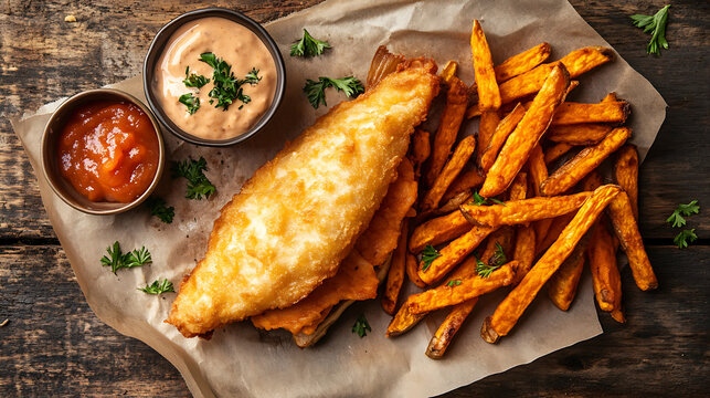 A casual meal of a fish burger paired with crispy sweet potato fries, garnished with parsley on a rustic table. 