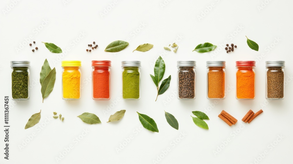 Poster small jars filled with vibrant spices alongside bay leaves and cinnamon sticks create an aromatic di
