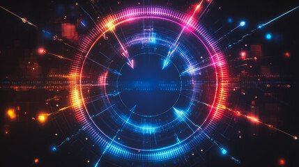 Obraz premium Abstract black background with Colorful circle lines. Digital future technology . Abstract business connection of lines from nodes innovation of communication in the network.