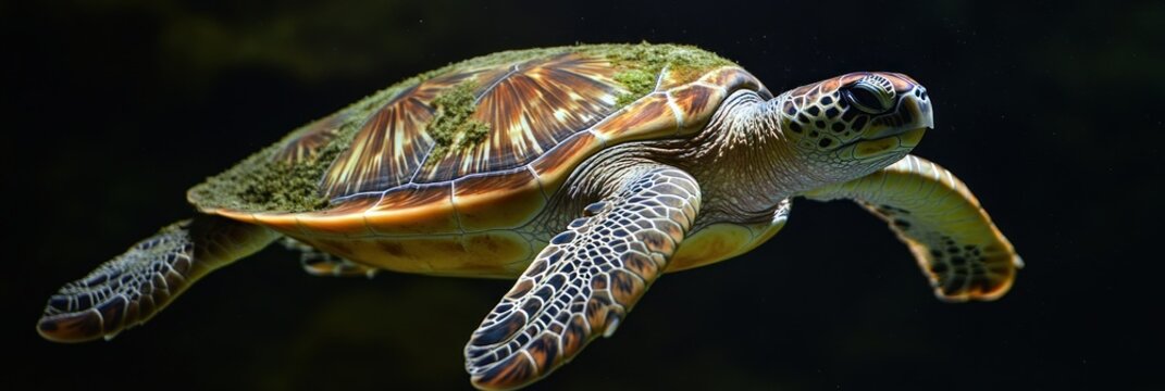 A graceful sea turtle gliding through the water, showcasing its vibrant shell patterns.