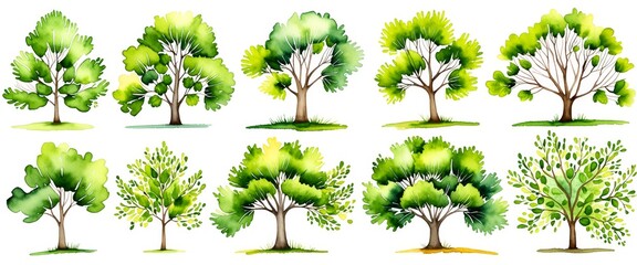 Fototapeta premium Collection of lush watercolor trees in diverse shapes and shades of green