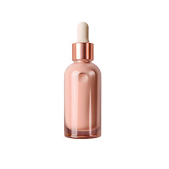 Glass pink bottle with a pipette with face serum on a white background
